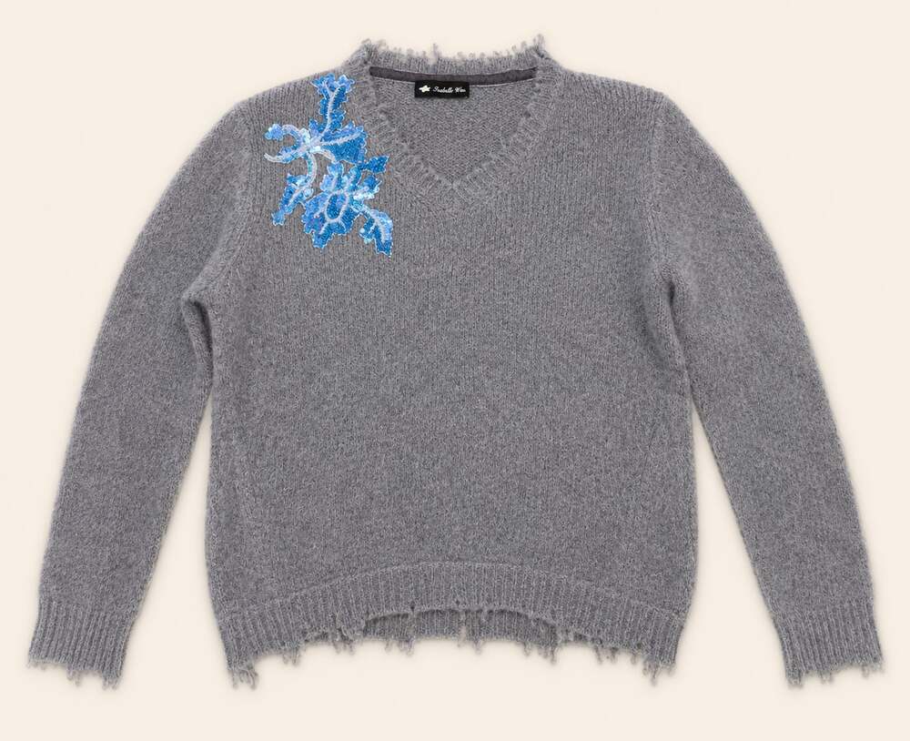 Isabelle Wen Gray Mohair Wool Sequin Floral Distressed Fairy Grunge Sweater